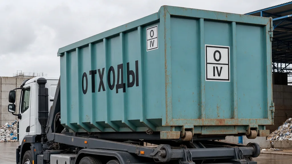 Перевозка отходов I–IV класса: контейнеровоз с надписью «Отходы» и знаком класса опасности О/IV