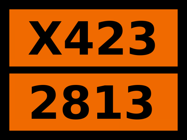 Табличка опасный груз "X423-2813. Вещество твердое, реагирующее с водой, н.у.к."